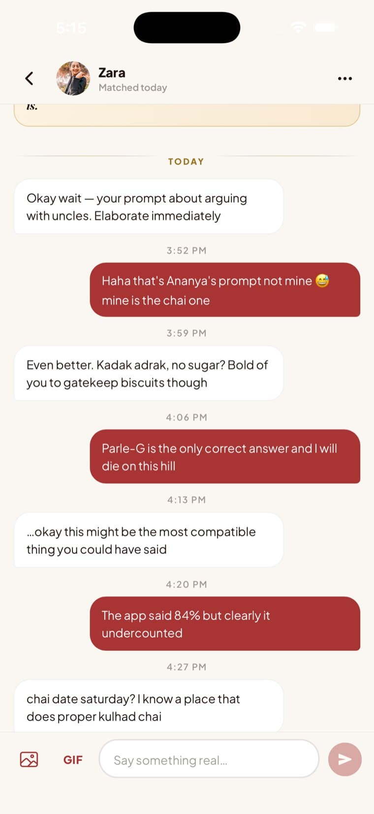 A Kissmet chat about kadak adrak chai and Parle-G that ends with “chai date saturday?”
