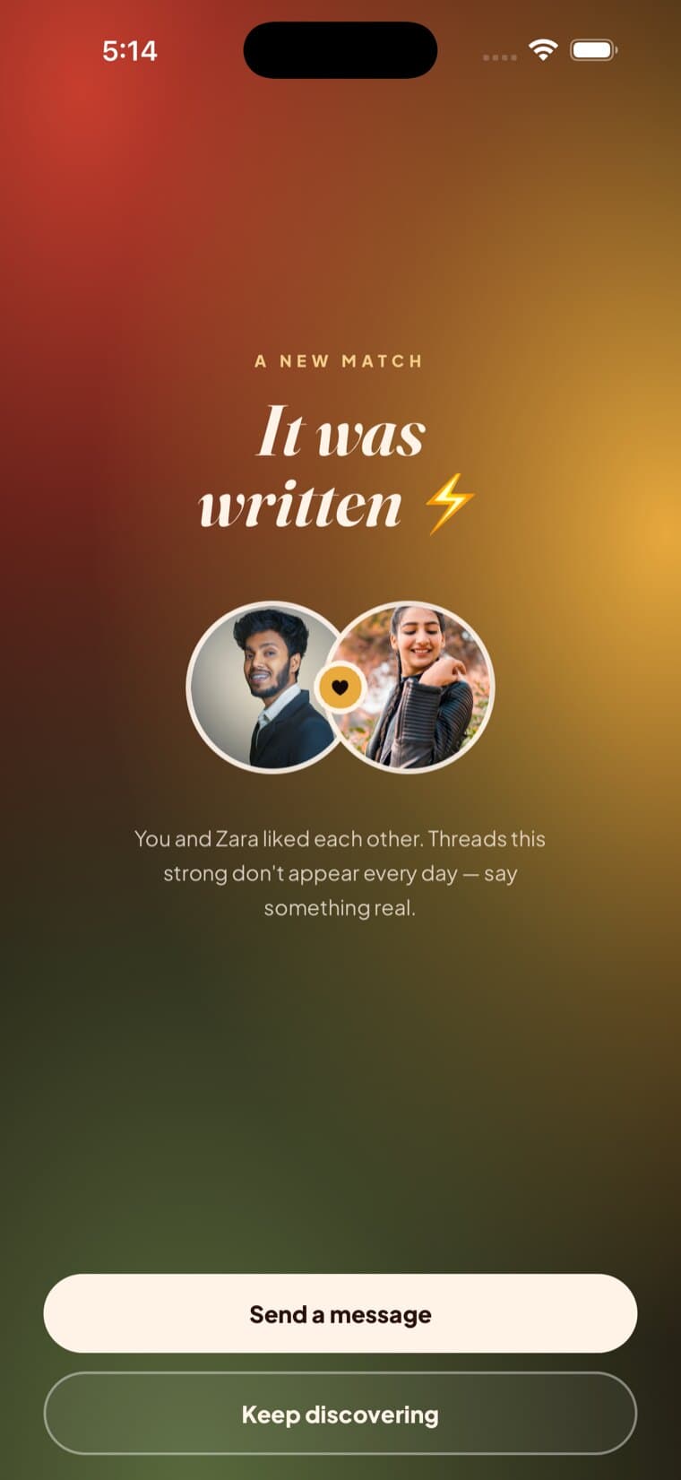 Kissmet match screen — “A new match: It was written” — two profile photos joined by a heart